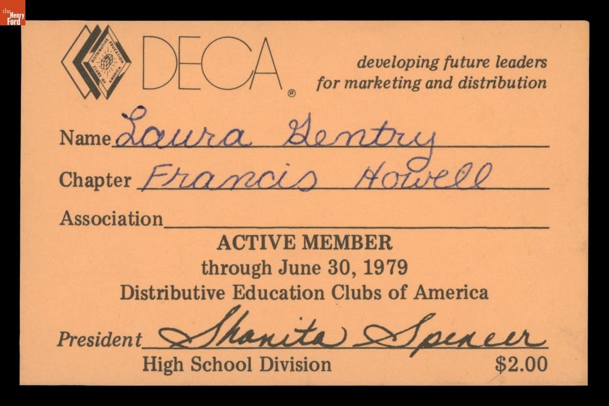 Laura Gentry's Distributive Education Clubs of America (DECA) Membership Card, 1978-1979