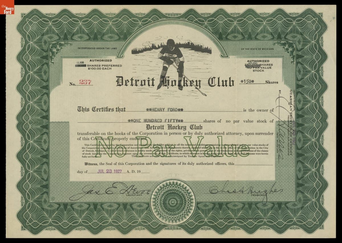 Detroit Hockey Club No Par Value Stock Certificate Issued to Henry Ford, July 23, 1927