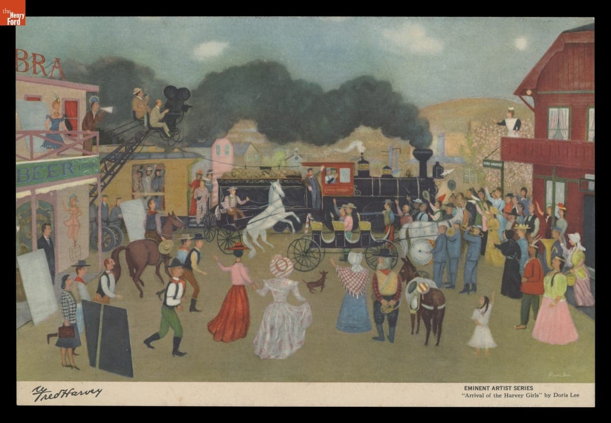 Fred Harvey Restaurant Menu Featuring "Arrival of the Harvey Girls" by Doris Lee, 1947