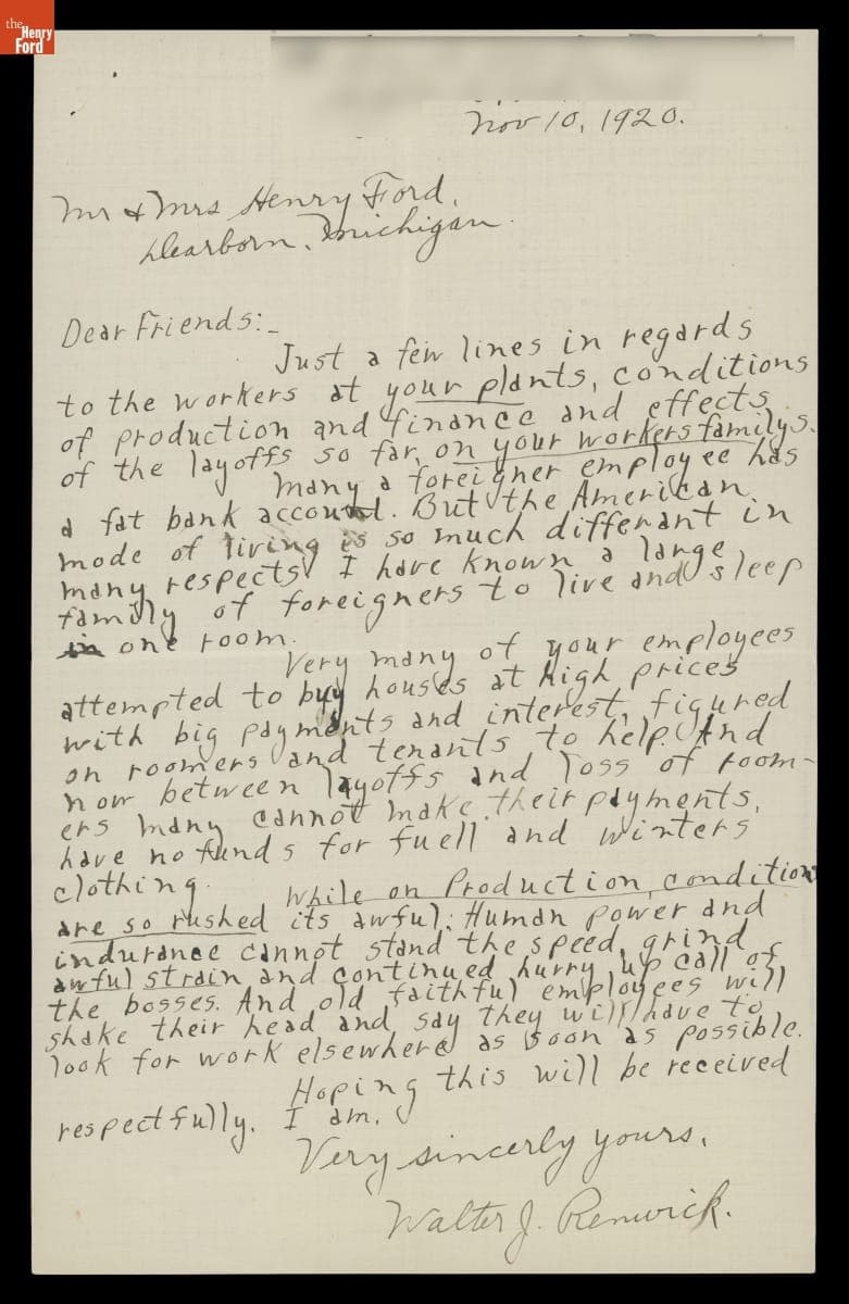 Letter to Henry and Clara Ford from Walter J. Renwick, November 10, 1920