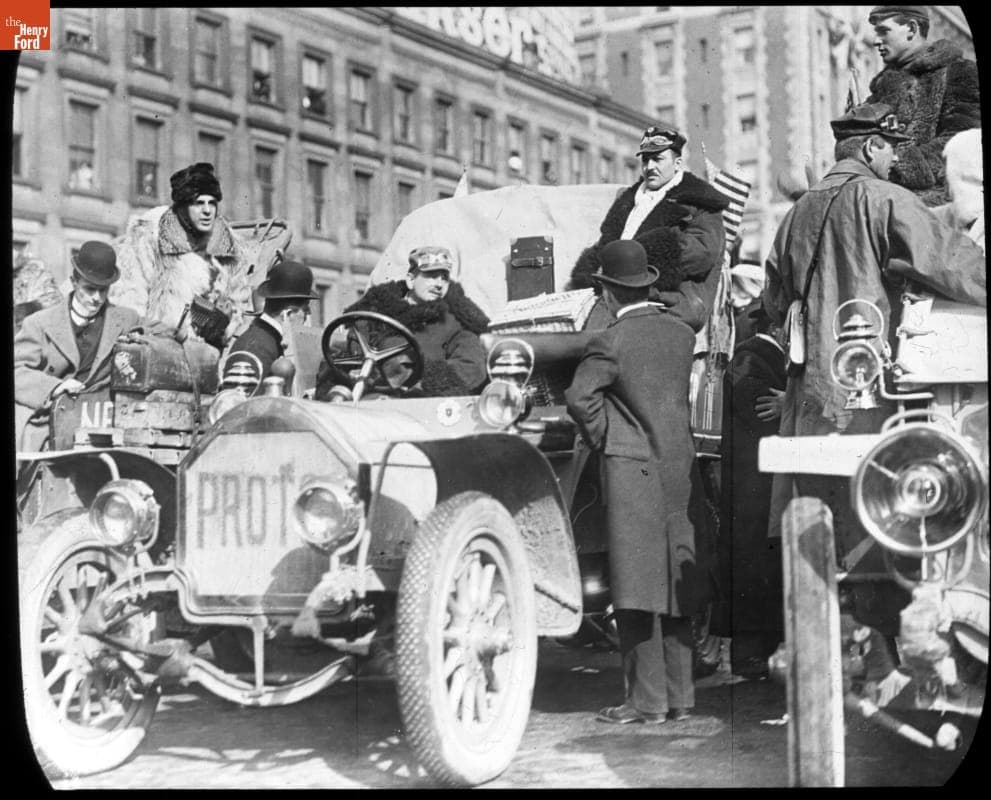 Hans Koeppen Seated in the German Protos Automobile in Times Square Before the Start of New York to Paris Race, 1908