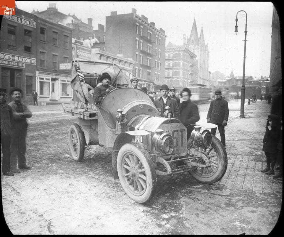 Giulion Sirtori and Team Seated in the Italian Zust Automobile Before the Start of New York to Paris Race, 1908