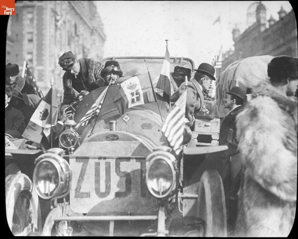 Giulion Sirtori and Team Seated in the Italian Zust Automobile in Times Square, before the Start of the New York to Paris Race, 1908