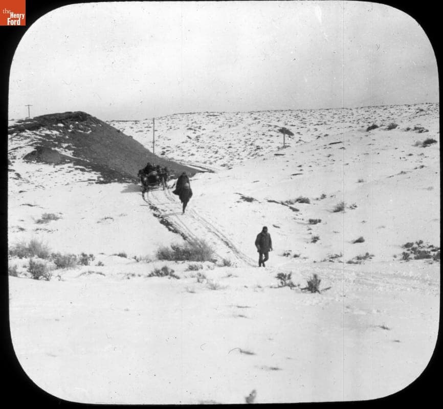Team Walking Uphill in Snow before the Thomas Flyer, between Rawlins and Bitter Creek, Wyoming, New York to Paris Race, 1908