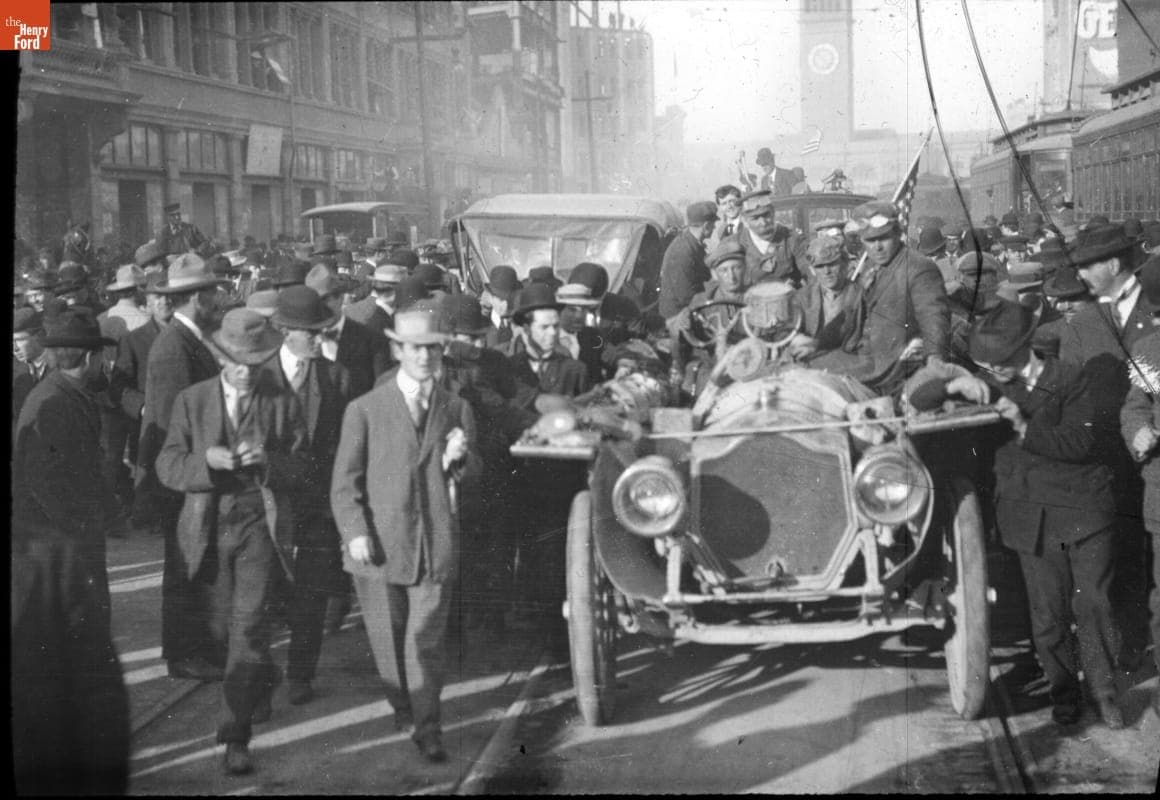 The Thomas Flyer and Team Arriving on Market Street, San Francisco, California, New York to Paris Race, 1908
