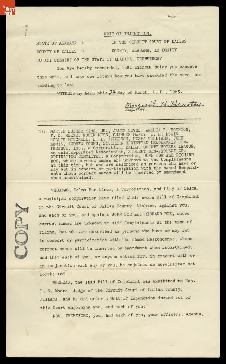 Injunction Filed by Selma Bus Lines and City of Selma, Alabama, against Martin Luther King, Jr. and Voting Rights Protesters, March 24, 1965