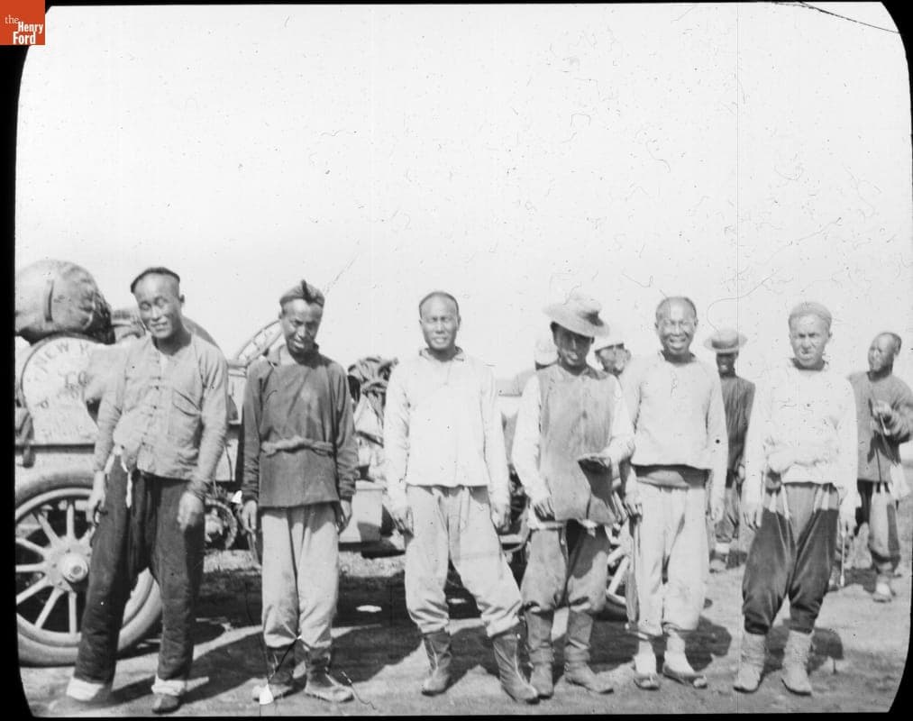 Local Men in Front of Thomas Flyer in the Steppes of Manchuria, New York to Paris Race, 1908