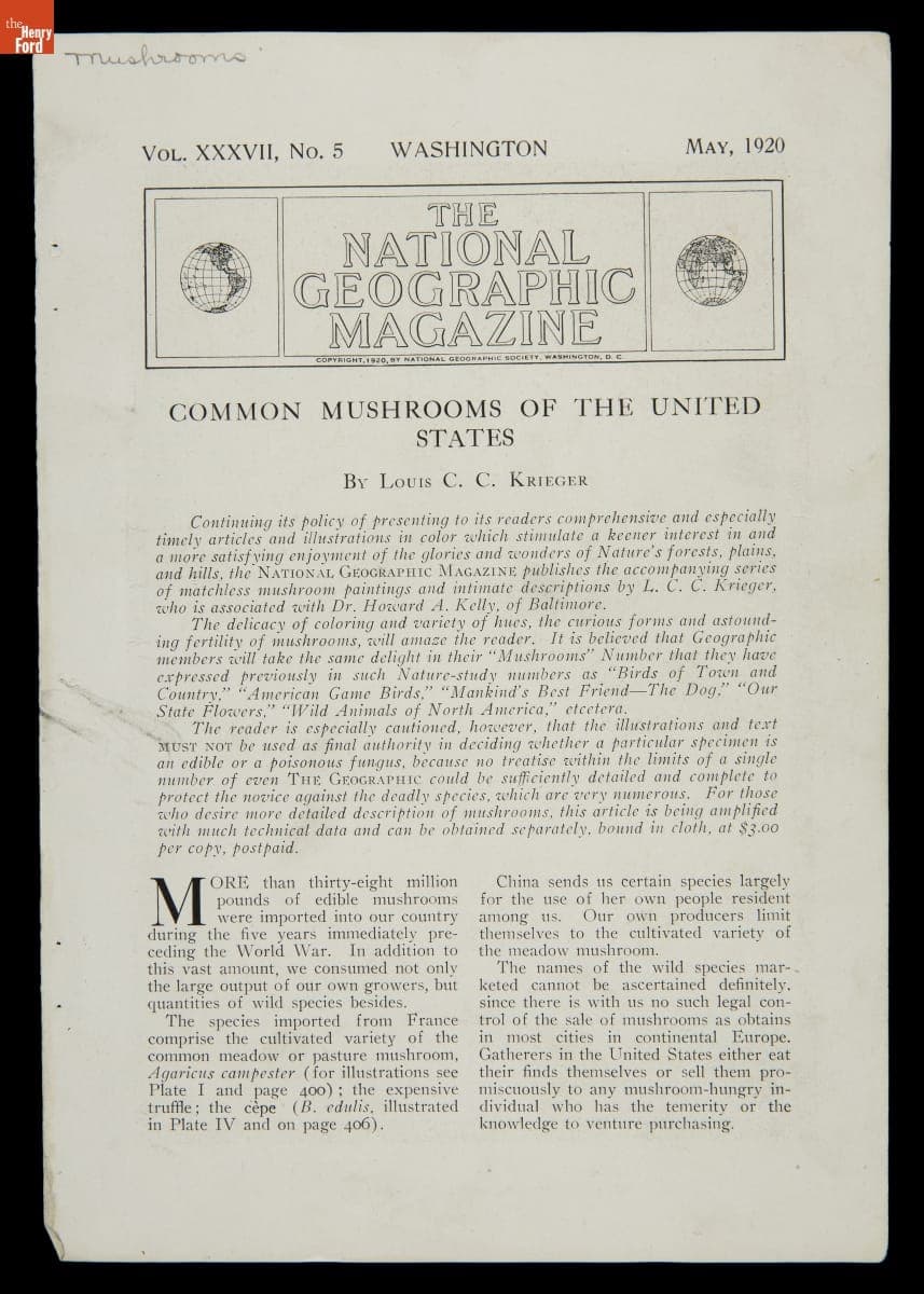 "Common Mushrooms of the United States," Article from "National Geographic Magazine," May 1920