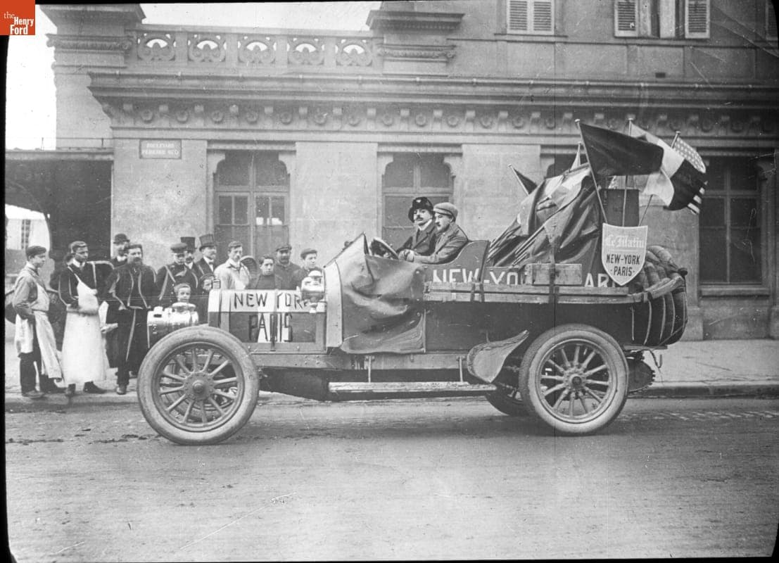 Giulion Sirtori and Team in Italian Zust Automobile at Port Maillot Station, Paris, France, before the New York to Paris Race, 1908