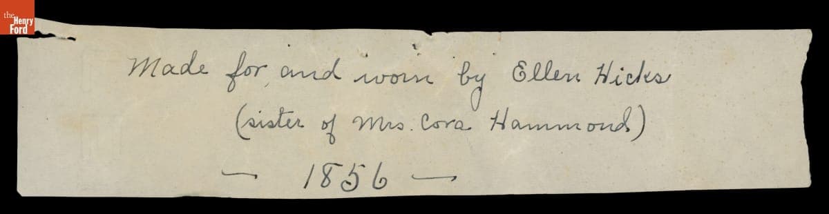 Handwritten Note with Cora Hammond’s Memories of a Child’s Dress Worn by Her Sister, Ellen Hicks, in 1856