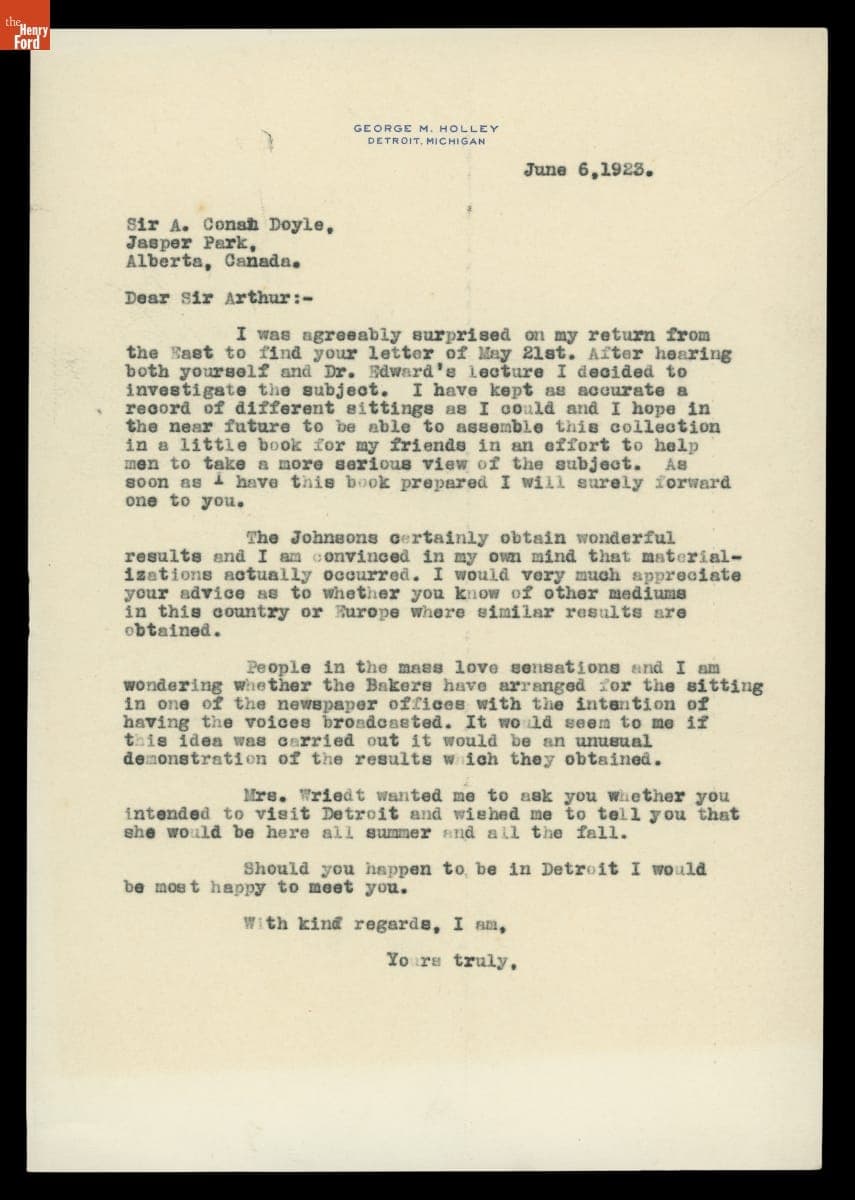 Letter from George M. Holley to Arthur Conan Doyle, June 6, 1923
