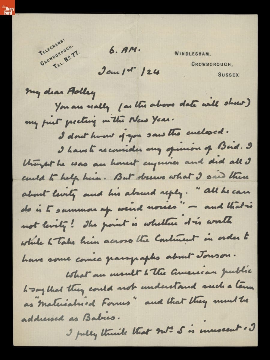 Letter from Arthur Conan Doyle to George M. Holley, January 1, 1924