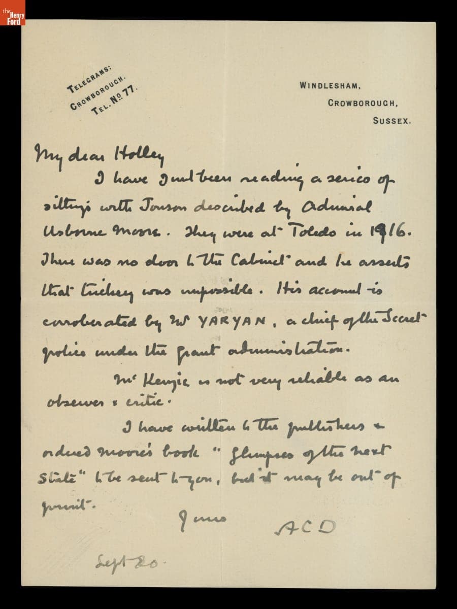 Letter from Arthur Conan Doyle to George M. Holley, September 20