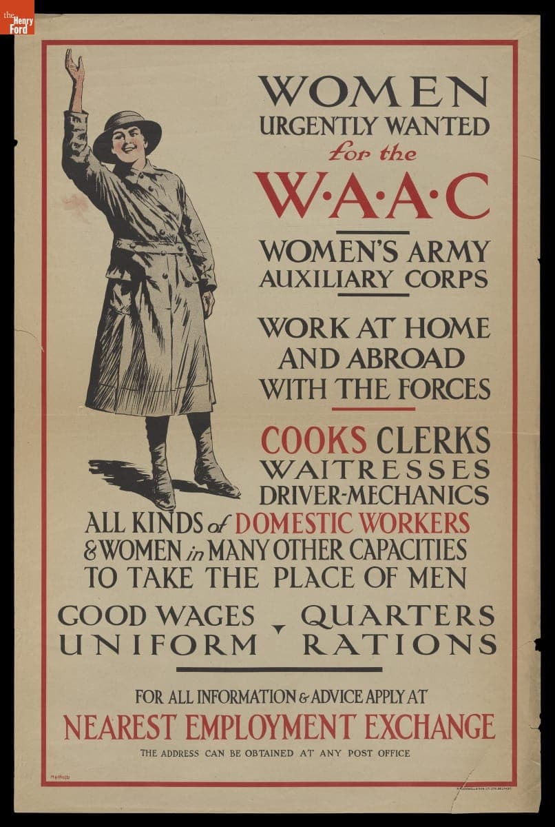 "Women Urgently Wanted for the W.A.A.C Women's Army Auxiliary Corps," circa 1917