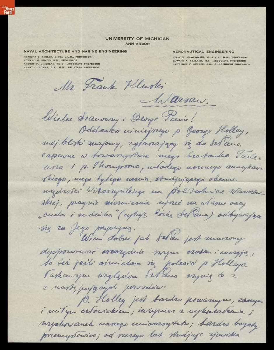 Letter from F.W. Pawlowski to Franek Kluski