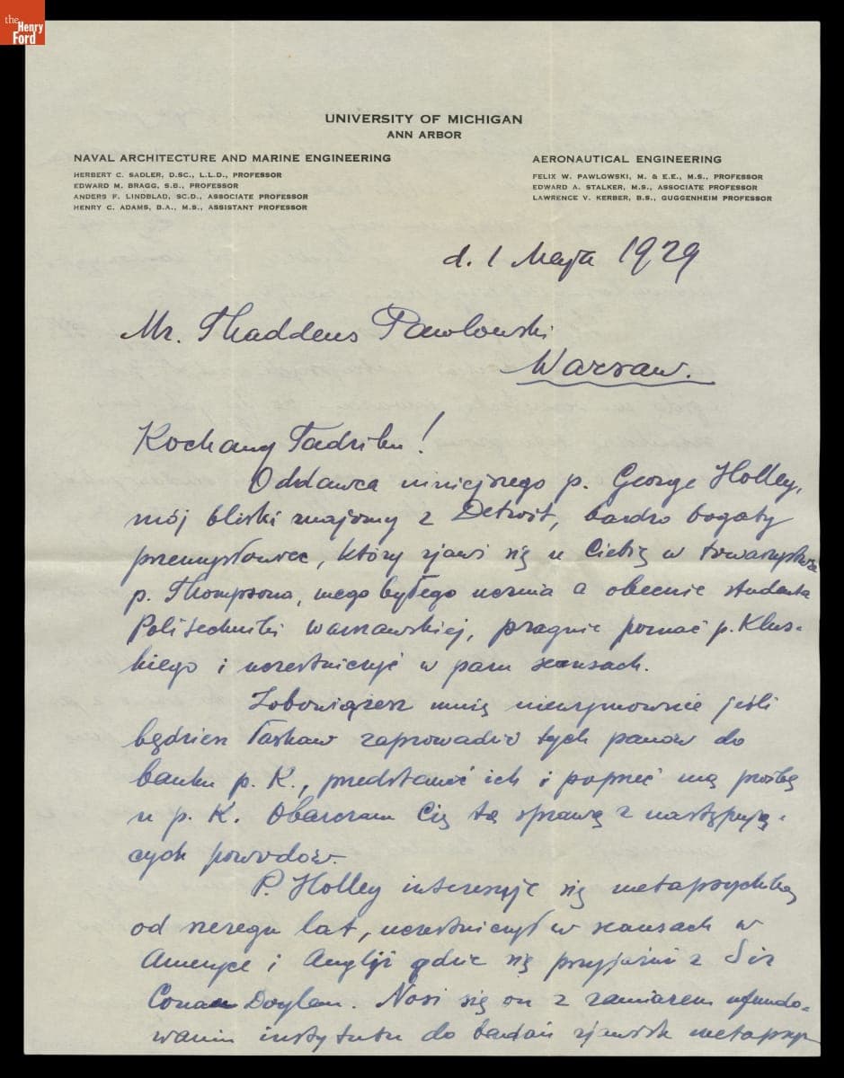 Letter from F.W. Pawlowski to Thaddeus Pawlowski, May 1, 1929