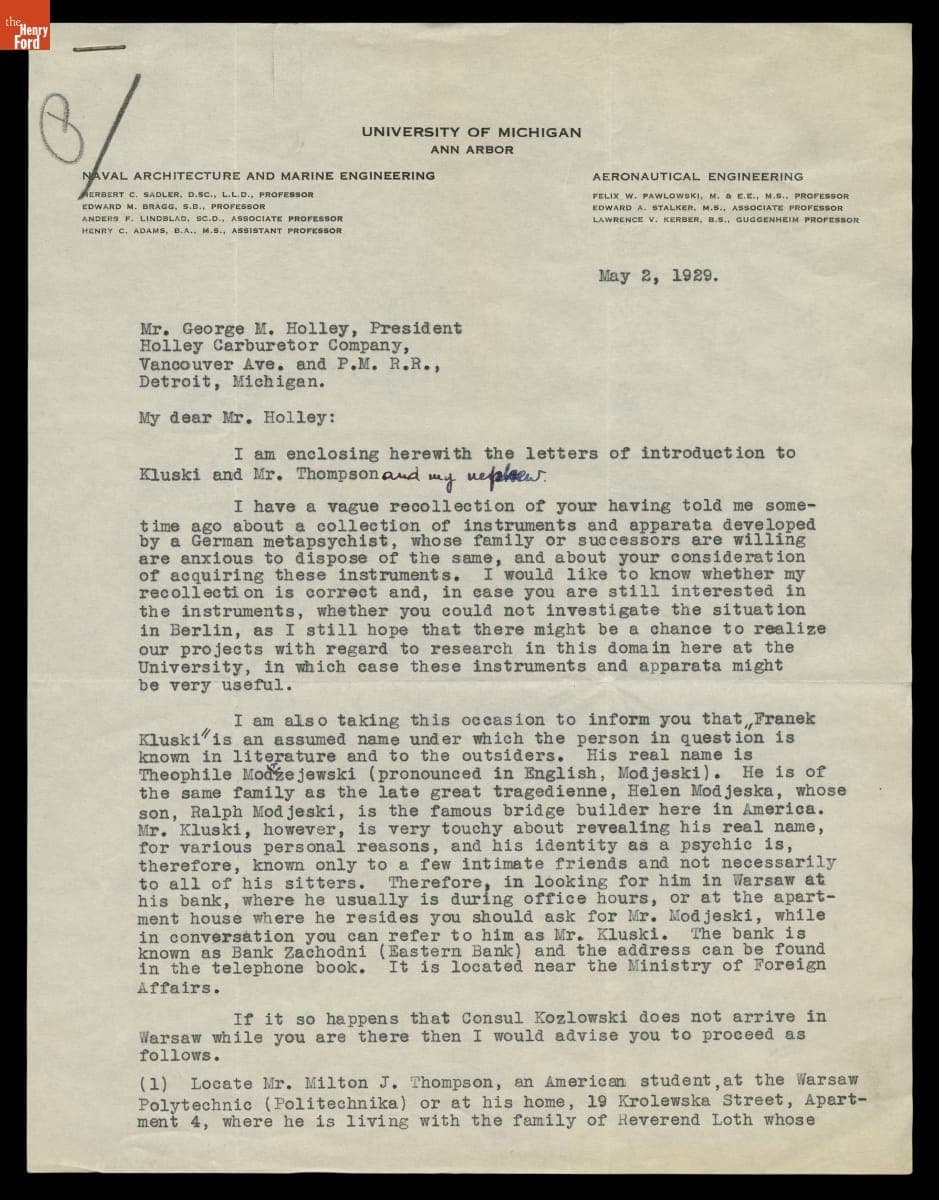 Letter from F.W. Pawlowski to George M. Holley, May 2, 1929