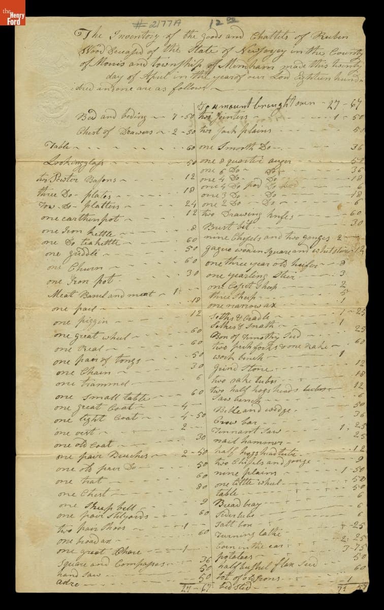Estate Inventory of Ruben Wood, Filed April 20, 1801
