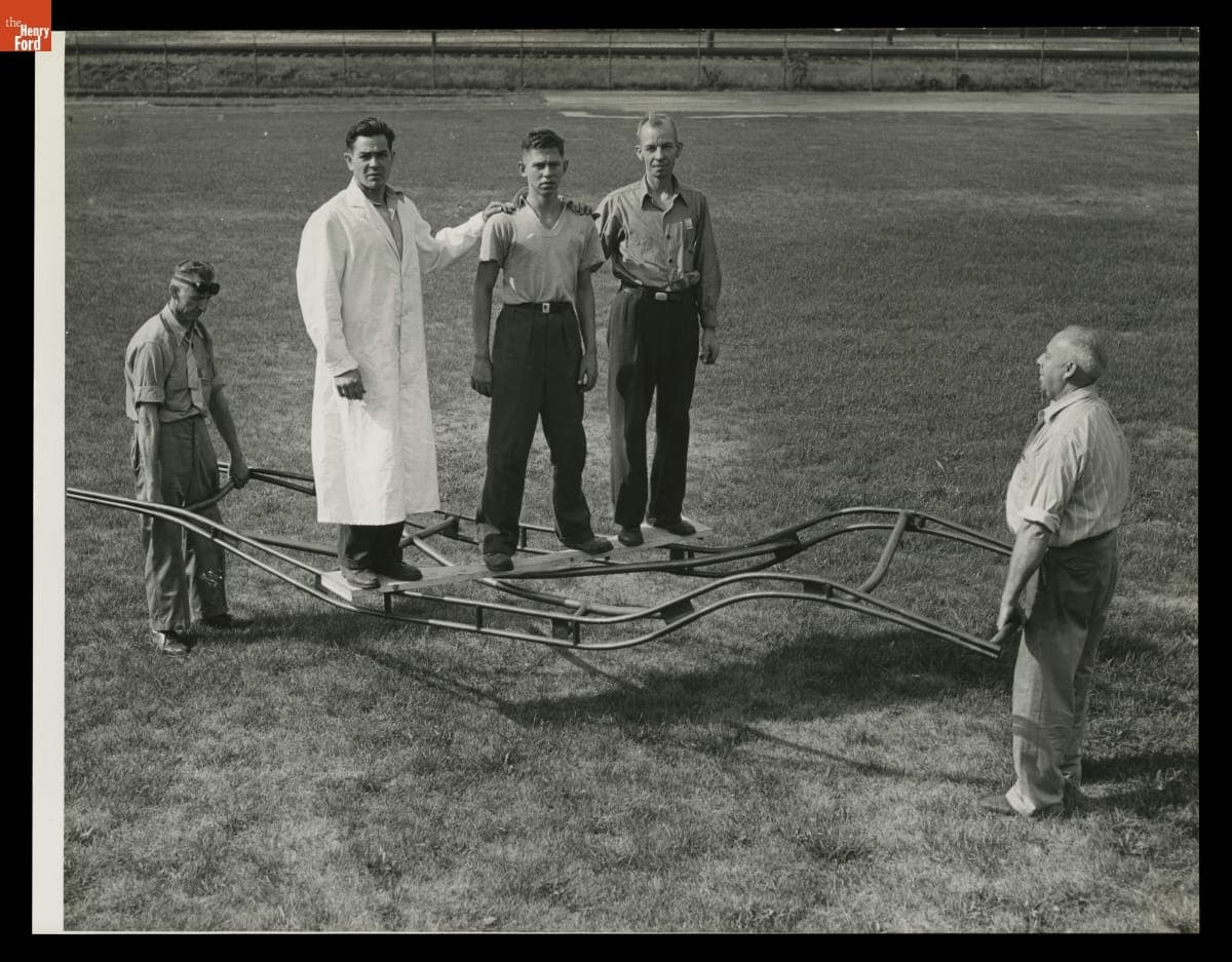 Engineers with Frame for Soybean Plastic Car, August 1941