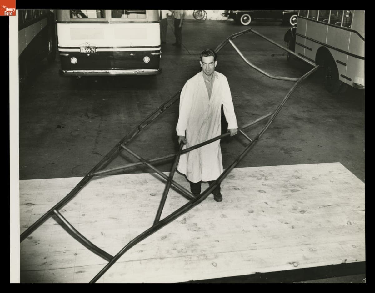 Engineer with Frame for Soybean Plastic Car, August 1941
