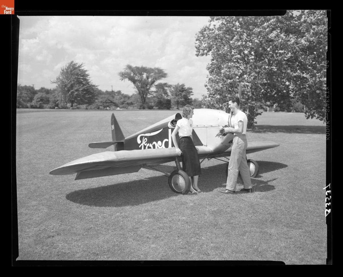 Margaret Love and Kenneth Schwartz with 1928 Ford "Flivver" Monoplane, 1953