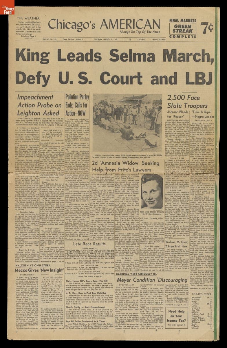 "King Leads Selma March, Defy U.S. Court & LBJ," Chicago's American Newspaper, Section 1, Tuesday, March 9, 1965