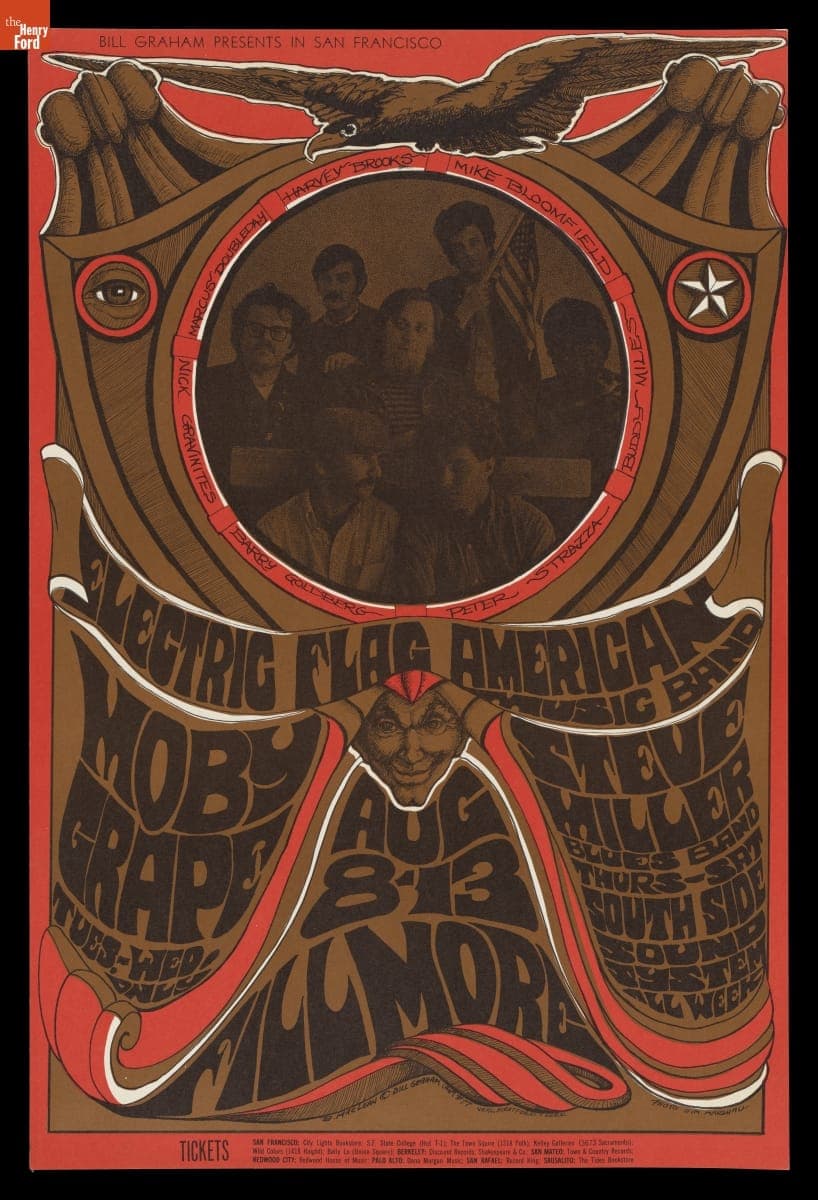 Concert Poster for Electric Flag American Music Band, Moby Grape, and Steve Miller Blues Band at The Fillmore, 1967