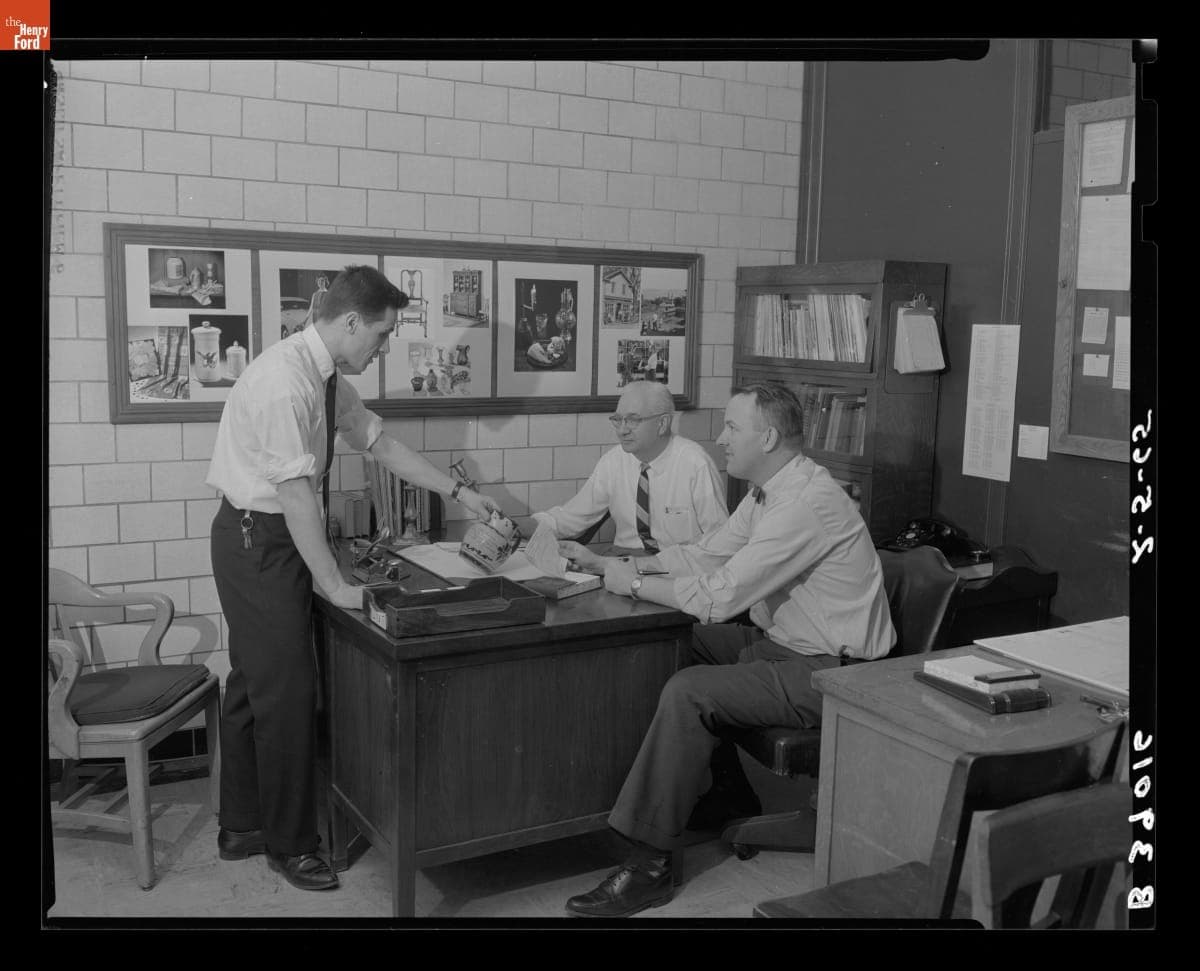 Rudy Ruzicska, Charles Miller and Carl Malotka in the Henry Ford Museum Photographic Office, February 5, 1965