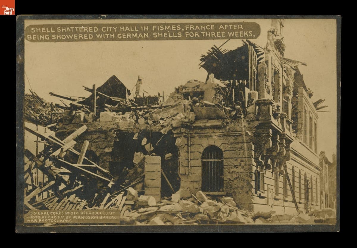 "Shell Shattered City Hall in Fismes, France after Being Showered with German Shells for Three Weeks," 1918