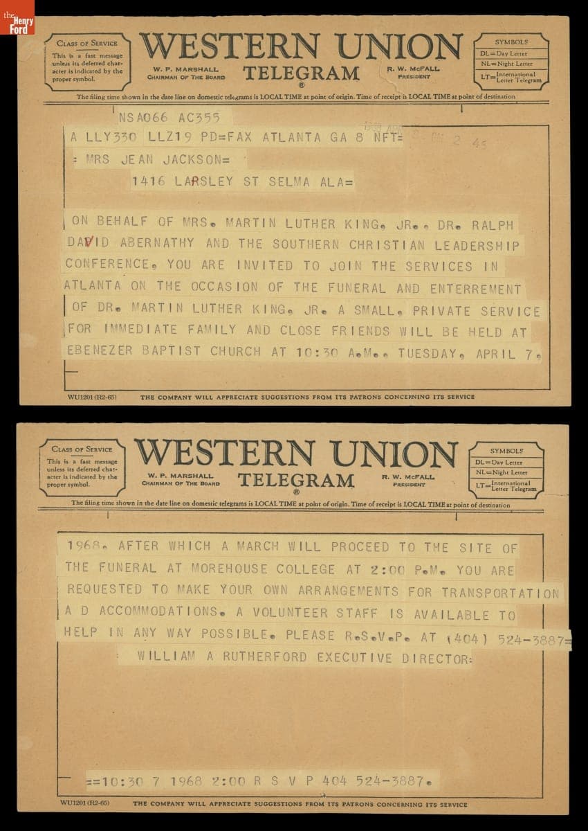 Telegram Inviting Richie Jean Jackson to the Funeral of Martin Luther King Jr.
