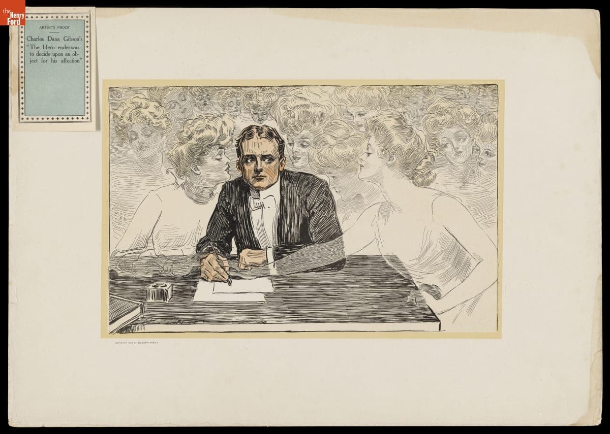 Engraving, "Hero Endeavors to Decide...," 1903