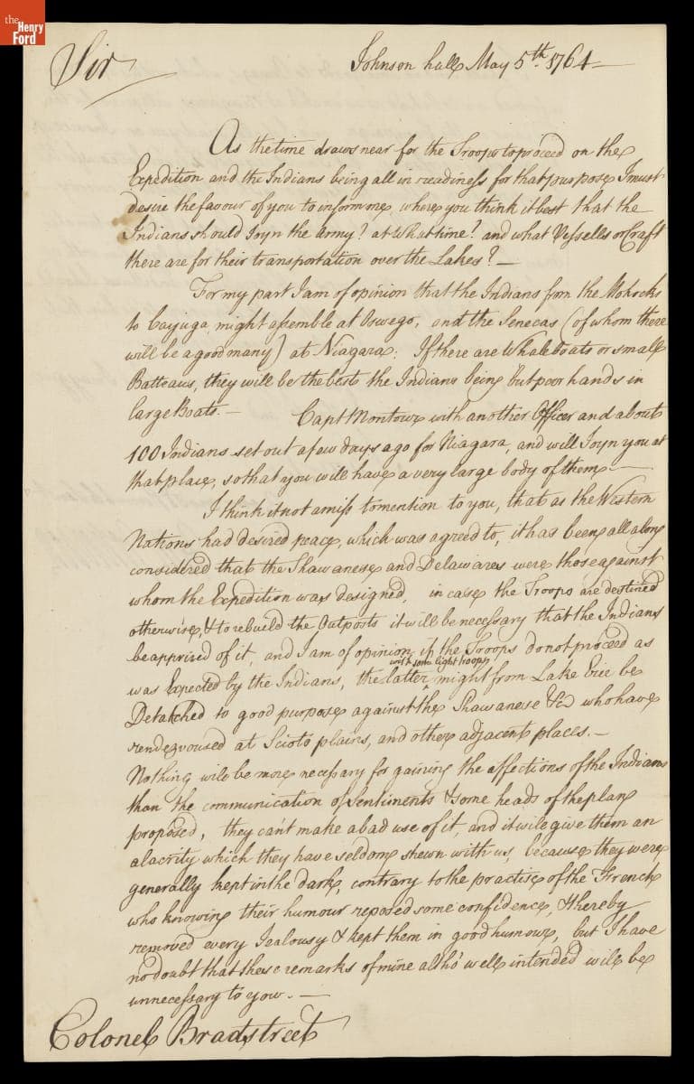 Letter from William Johnson to Colonel John Bradstreet Regarding Relations with Various Indigenous Tribes, May 5, 1764