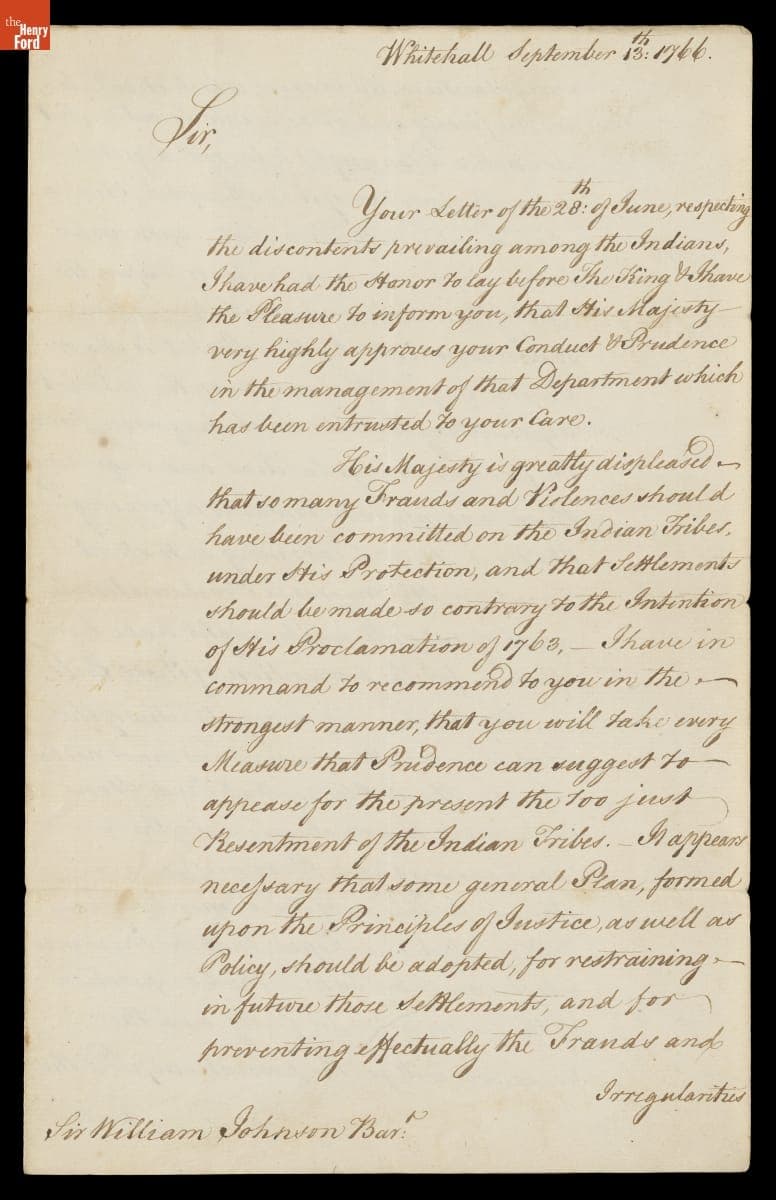 Letter from William P. Fitzmaurice, Earl of Shelburne, to William Johnson, September 13, 1766