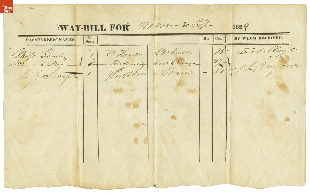 Waybill for Stagecoach Travel from Fairport to Warren, Ohio, 1829