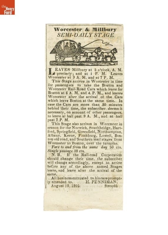 Advertisement for the Worcester & Millbury Stage Line, Massachusetts, 1835