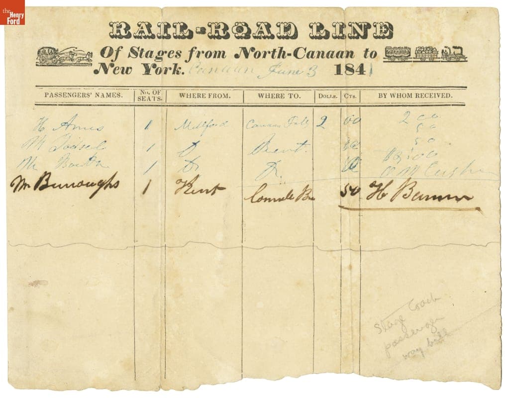 Waybill for Stagecoach and Rail Travel, "Rail-Road Line of Stages from North-Canaan to New York," 1841