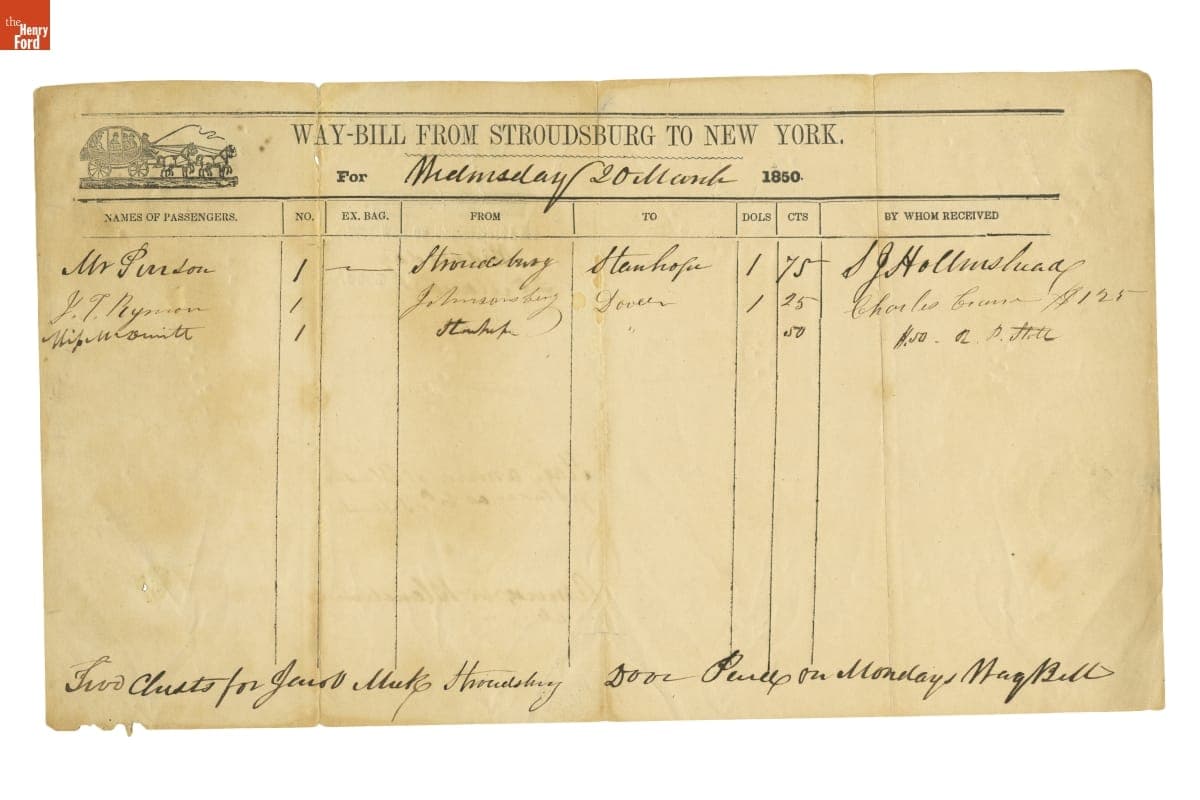 Waybill for Stroudsburg-New York Line Stagecoach, 1850