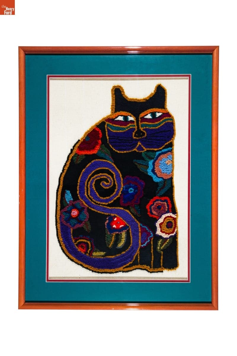 "Paisley Cat" Framed Hooked Rug, 1996