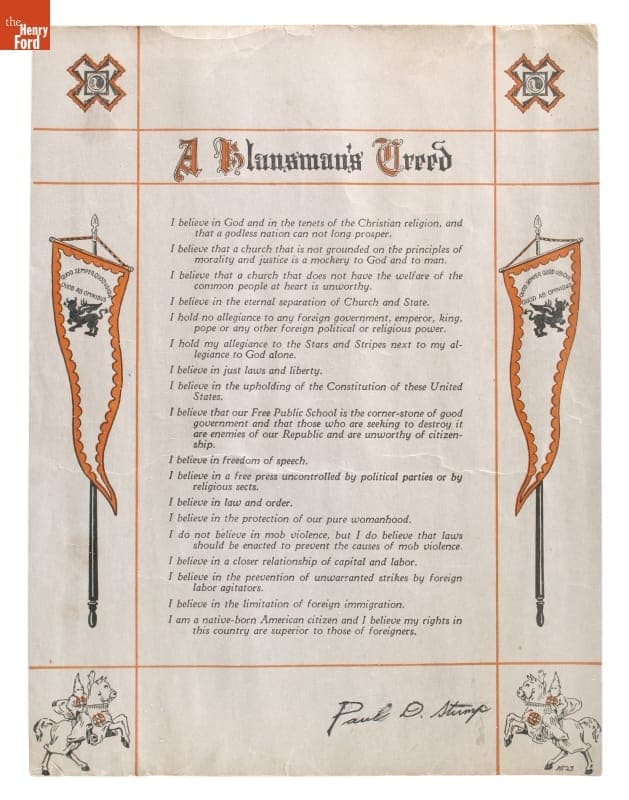 Anti-immigrant Ku Klux Klan Creed, circa 1922