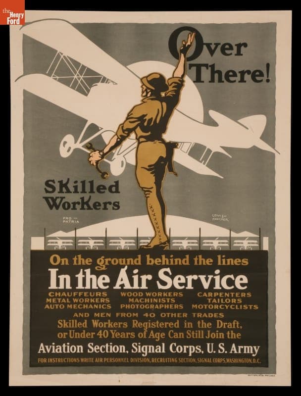 World War I Poster, "Over There! Skilled Workers on the Ground Behind the Lines in the Air Service," circa 1918