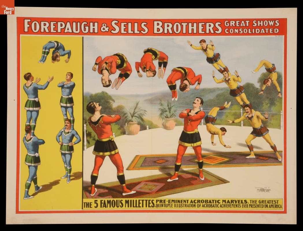 Circus Poster, Adam Forepaugh & Sells Brothers Circus Presents The Five Millettes, 1899