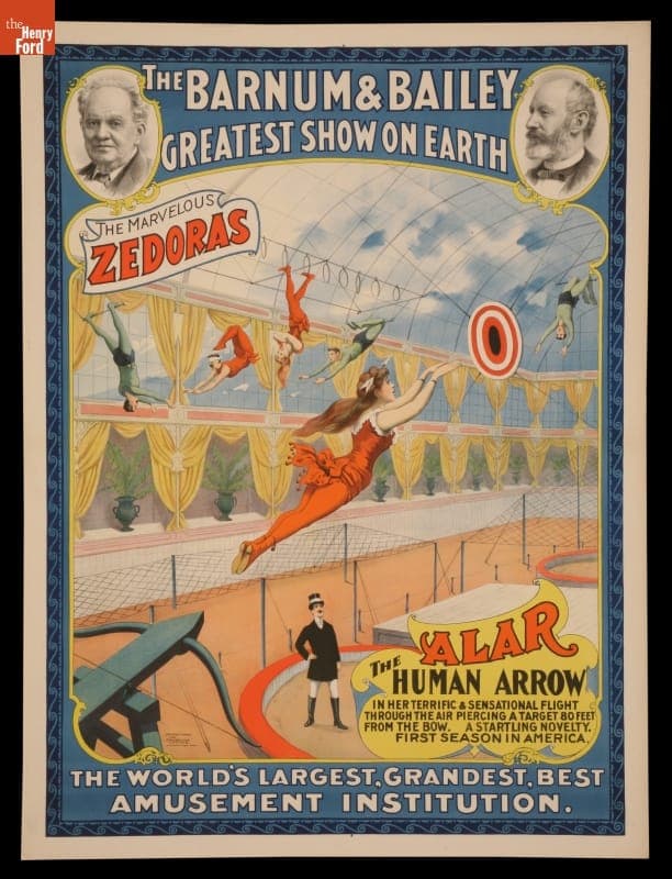 Circus Poster, Barnum and Bailey Circus Presents "The Marvelous Zedoras and Alar the Human Arrow," 1896