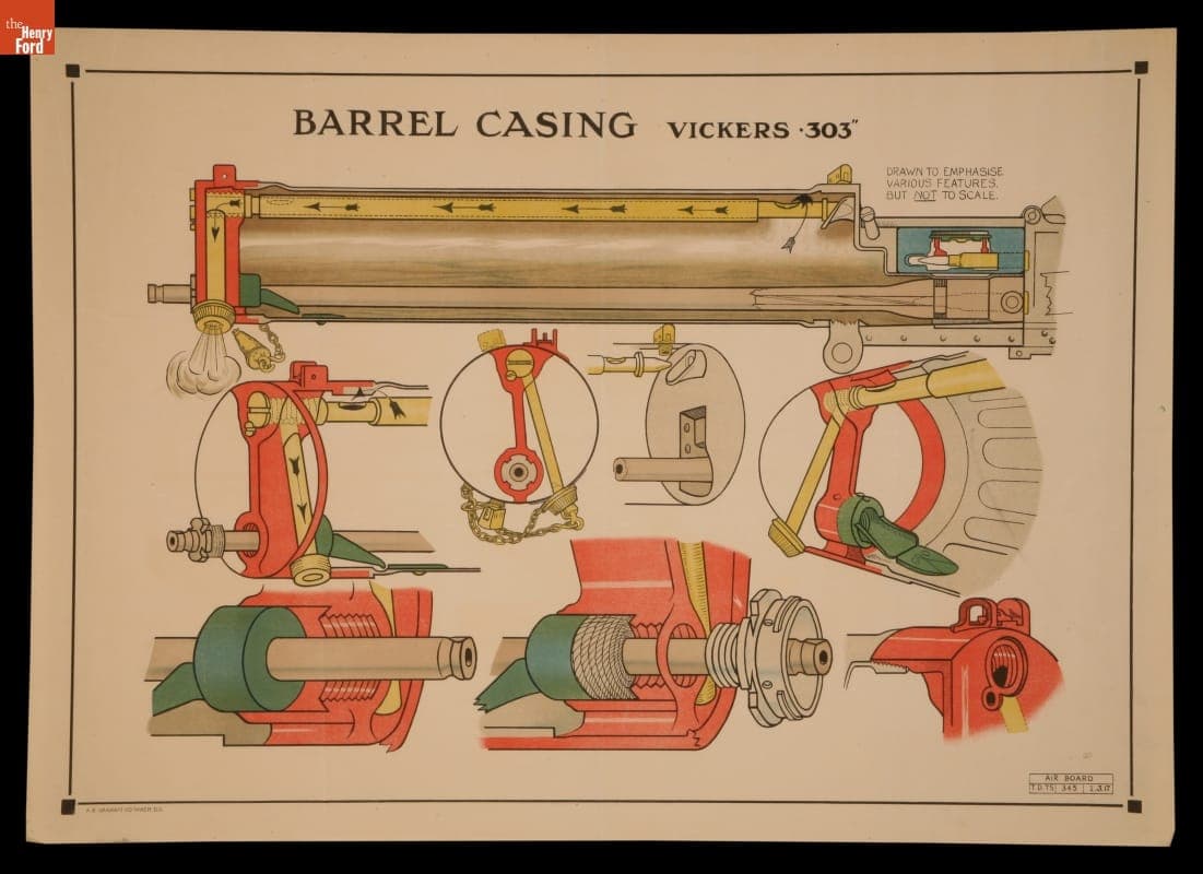 Cutaway Illustration, Vickers .303" Machine Gun Barrel Casing, circa 1917