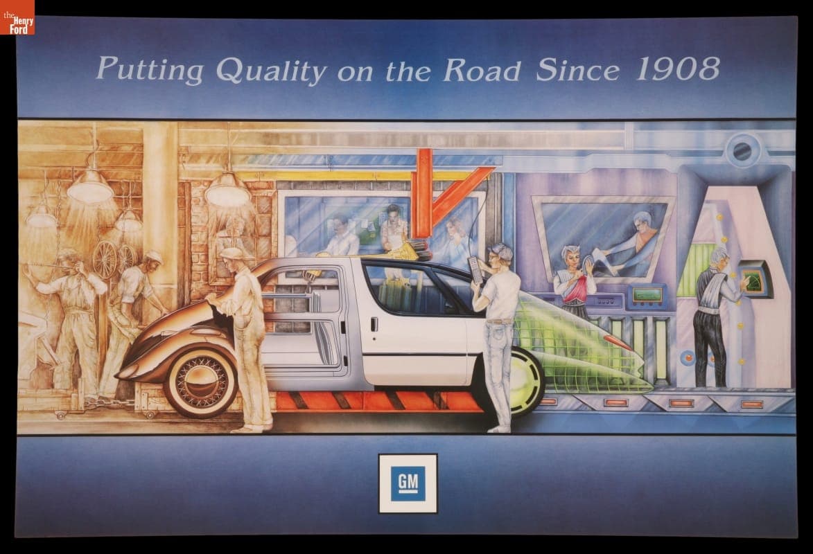 Advertising Poster for General Motors in 1990, "Putting Quality on the Road Since 1908"