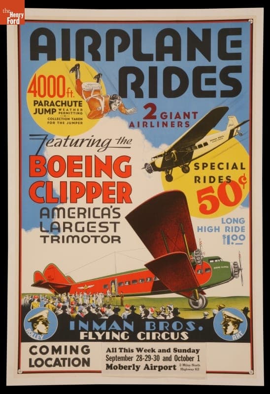 Circus Poster, Inman Brothers Flying Circus: "Airplane Rides Featuring the Boeing Clipper," circa 1930