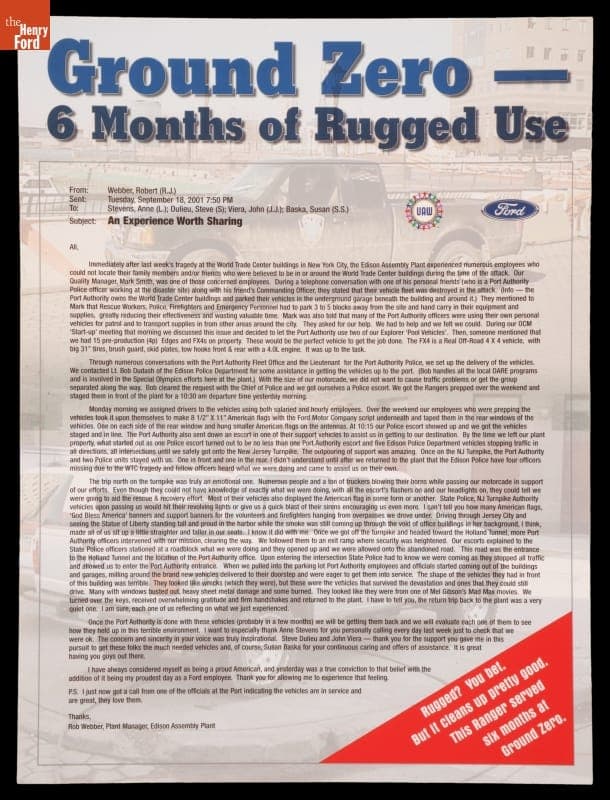 Poster, "Ground Zero-- 6 Months of Rugged Use," Ford Motor Company, 2001