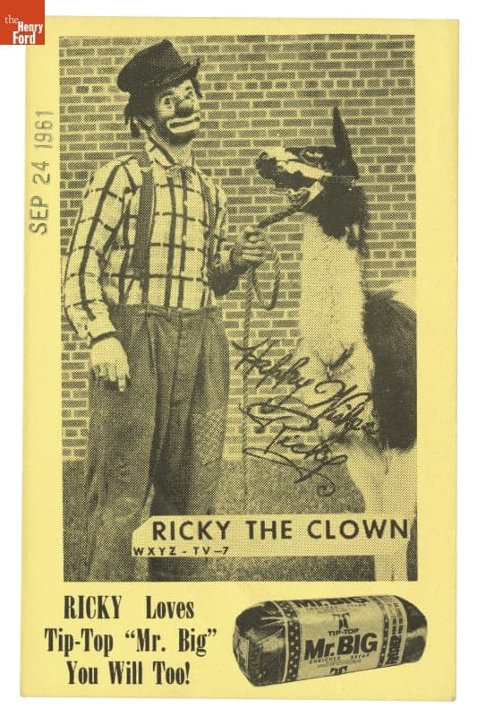 Handbill Showing WXYZ-TV's "Ricky the Clown" Endorsing Tip-Top's "Mr. Big" Bread, Detroit, Michigan, 1961