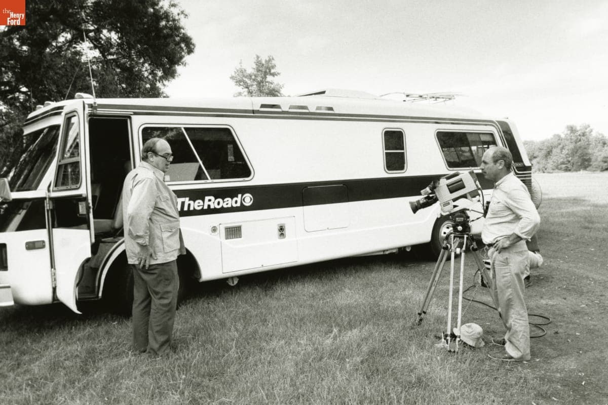 Charles Kuralt and Isadore Bleckman with the CBS "On the Road" Motor Home, circa 1987