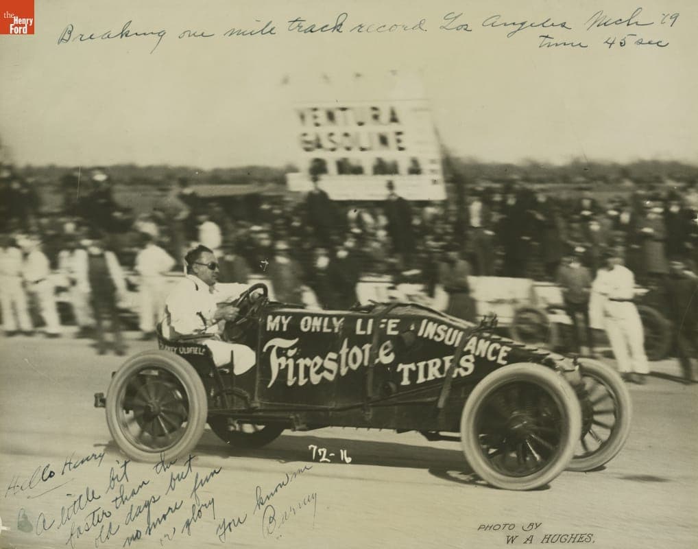 Barney Oldfield in Racecar on a Los Angeles, California Racetrack, 1916