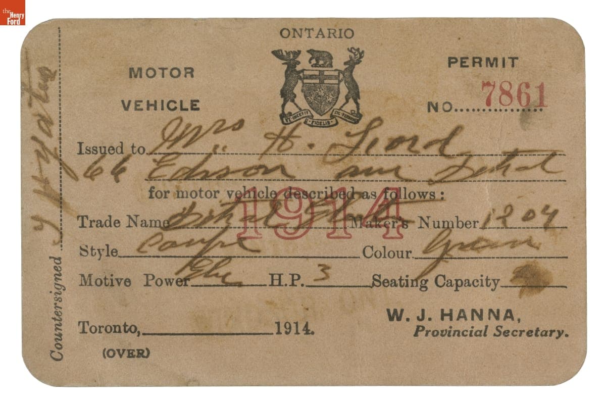 Motor Vehicle Permit Issued to Clara Ford, 1914